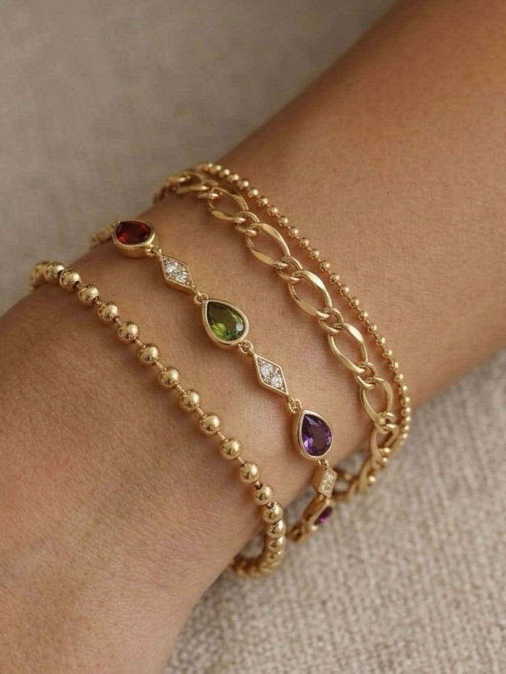 14K Gold Plated Water Resistant Adjustable Bracelet Set 3Pc Tarnish Resistant